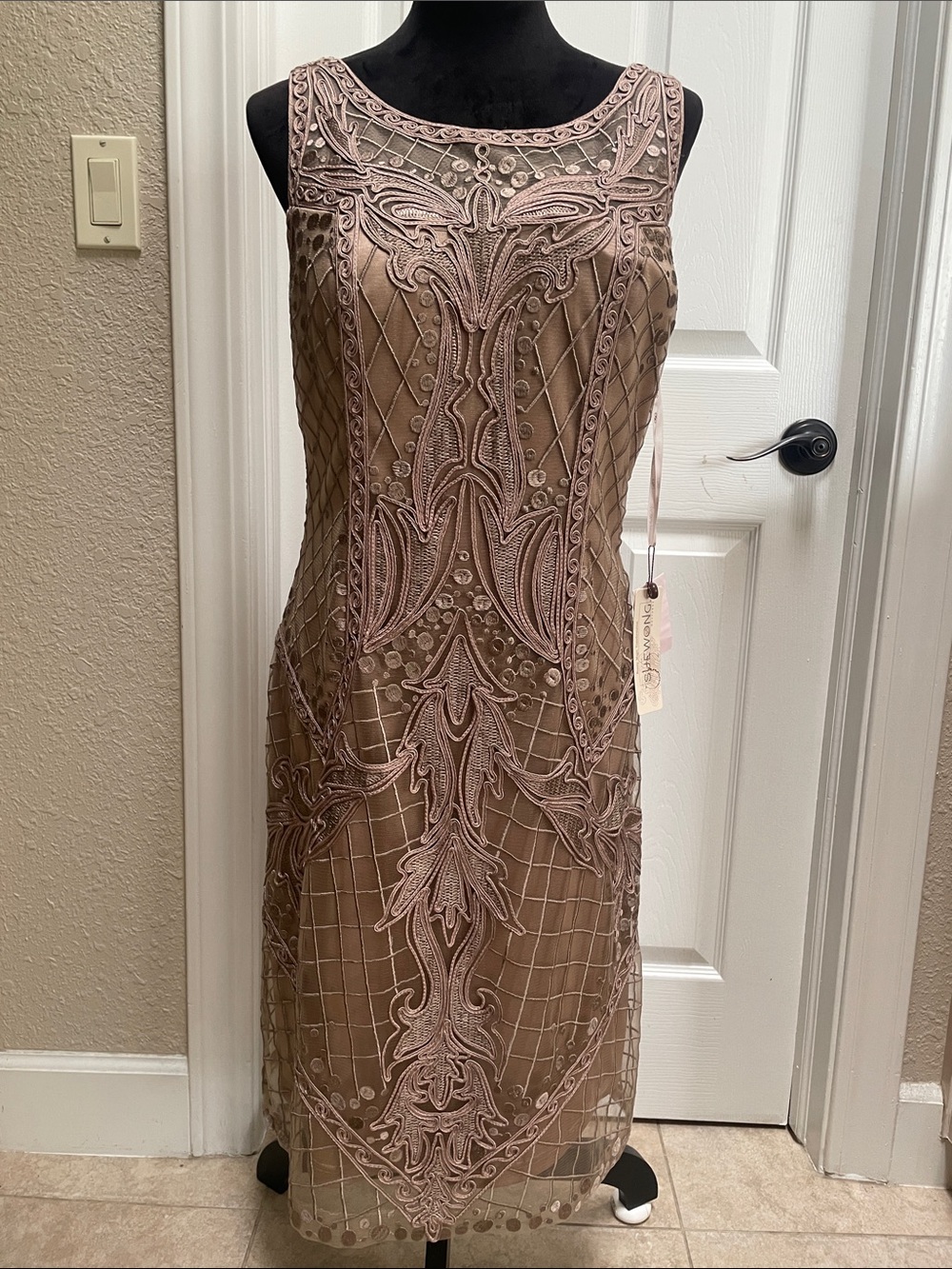 Sue Wong Dusty Pink/TanEmbroidered Midi Dress Size 12